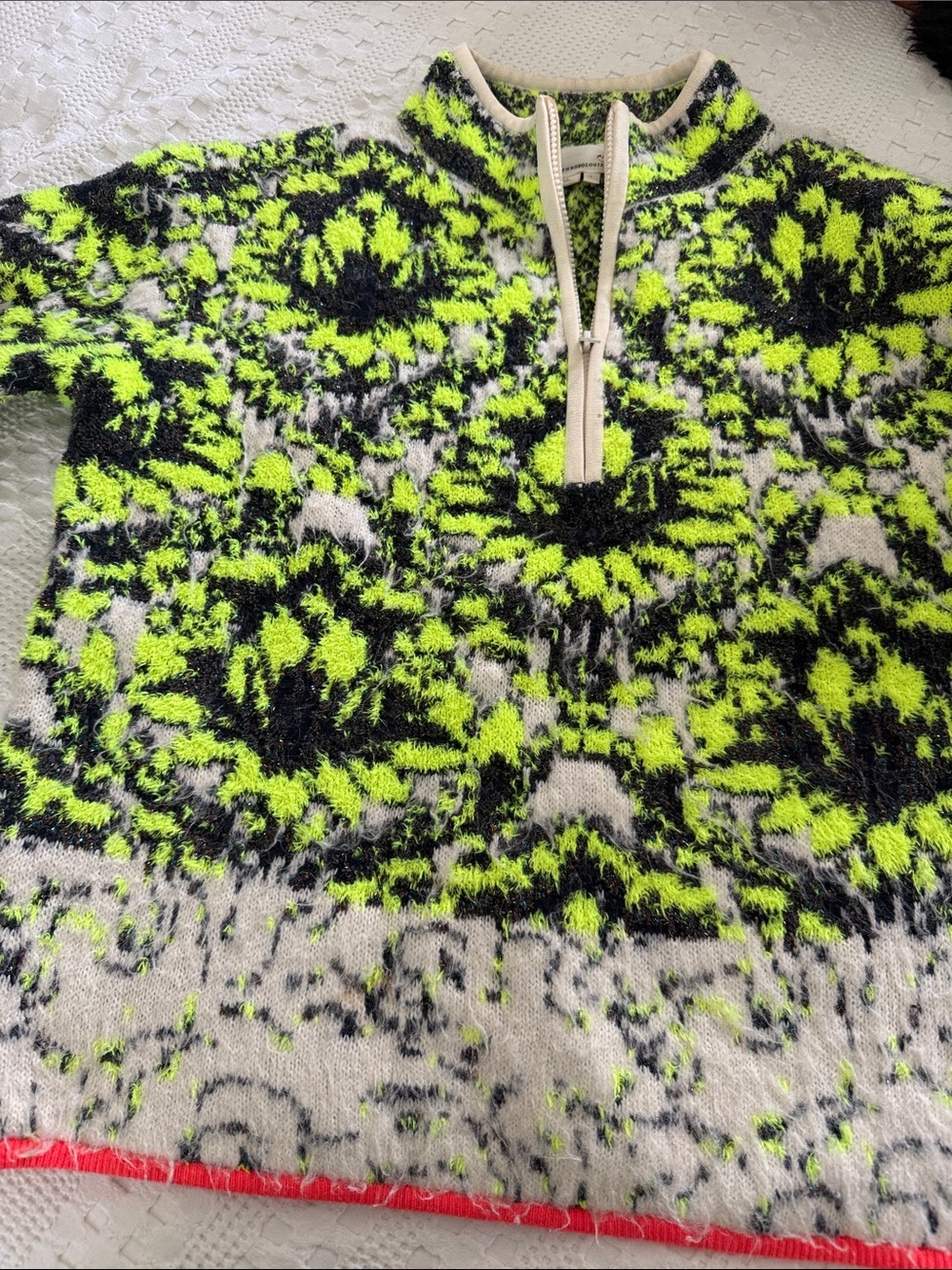 Anthropologie Neon Green, Black & Cream Half-Zip Cowl Sweater